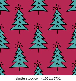 Seamless vector of free hands christmas tree on pastel pink background for making many kinds of online and offline media, paper printing or fabric work