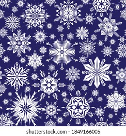 Seamless vector in free style. Abstract background with loose, randomly arranged snowflakes. The basis for the design of postcards, wallpapers, banners for New Year
