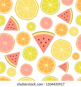 Seamless vector fresh citrus fruits pattern with orange, lemon, grapefruit, lime and watermelon slices. Exotic fruit pastel illustration on a white background