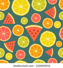 Seamless vector fresh citrus fruits pattern with orange, lemon, grapefruit, lime and watermelon slices. Exotic fruit vintage illustration on a blue background