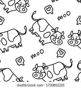 Seamless vector Friesian cow pattern in line doodle style with Moo lettering in black monochrome color on white background. For beef or fresh milk packages, fabric textile prints or backgrounds.