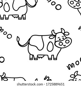 Impresionante patrón de vaca frisesiana en estilo doodle de línea con grabado Moo en color monocromo negro sobre fondo blanco. Para envases de carne de vacuno o leche fresca, estampados o fondos textiles de tela.