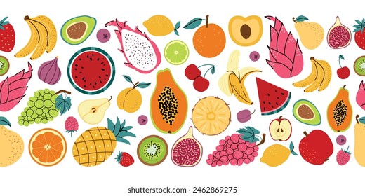 Anuncio de fruta de Vector sin costura. Set de frutas dibujadas a mano. Vector varias frutas y bayas. Plátano, kiwi, piña, pera, limón, aguacate. Anuncio Horizontal con fondo aislado blanco.  