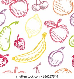 Seamless vector fruit hand drawn pattern with apple, cherry, lemon, banana, strawberry, plum, pear, peach, orange. Vintage boho background texture. Good for menu and food package