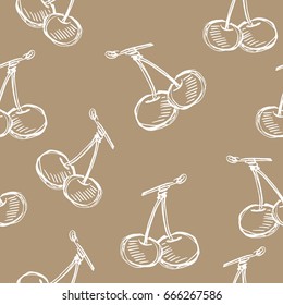 Seamless vector fruit hand drawn pattern with apple, cherry, lemon, banana, strawberry, plum, pear, peach, orange. Vintage boho background texture