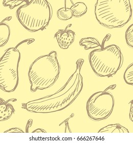 Seamless vector fruit hand drawn pattern with apple, cherry, lemon, banana, strawberry, plum, pear, peach, orange. Vintage boho background texture. Good for menu and food package
