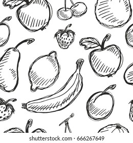 Seamless vector fruit hand drawn pattern with apple, cherry, lemon, banana, strawberry, plum, pear, peach, orange. Vintage boho background texture. Good for menu and food package
