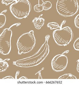 Seamless vector fruit hand drawn pattern with apple, cherry, lemon, banana, strawberry, plum, pear, peach, orange. Vintage boho background texture. Good for menu and food package