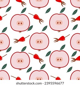 Seamless vector fruit pattern red apples and rosehip berries 
