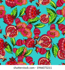 Seamless vector fruit pattern with slices of juicy ripe pomegranate with flowers and leaves on a blue sky background. Printing for printing on fabric and other products