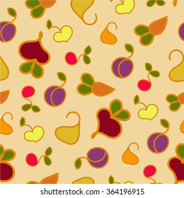 Seamless vector fruit and vegetable pattern. Fruit and vegetable pattern background. Carrot, cherry, apple, pear, beet root.Fruit and vegetable vector illustration. Fruit and vegetable pattern.