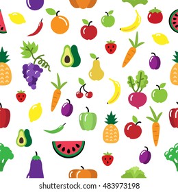 Seamless vector fruit and vegetable pattern. Fruit and vegetable repetitive background. Avocado, banana, carrot, watermelon, apple, beet root, orange, aubergine, tomato, pumpkin. Vector illustration.