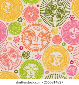 vetor perfeito divertido padrão colorido com sóis desenhados à mão em um fundo branco