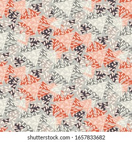 Seamless vector fun doodle shape collage pattern. Retro modern woven linen texture style background. Vintage 1950s warm color decorative all over print. Geo scribble abstract graphic wallpaper tile 
