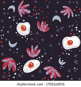 Seamless vector fun eggs, moons and flowers print!  Have you ever eaten eggs at midnight?  This is the print for you.