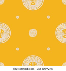 seamless vector fun pattern with hand-drawn suns on a yellow background