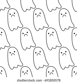 Seamless vector funky monocrome pattern. Creepy cute isolated linear black line silhouette of sad ghost on white background. Halloween theme.