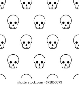 Seamless vector funky monocrome pattern. Creepy cute isolated linear black line silhouette of human skull on white background. Halloween, death theme.