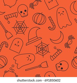 Seamless vector funky pattern. Creepy cute linear black line silhouette on orange background. Ghost, skull, pumpkin, witch hat, candy, vampire teeth, spider, cob web, broom, cauldron. Halloween theme.