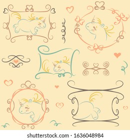 Seamless vector funny children`s multicolored pattern with little cute cartoon unicorns, different frames, decorative elements, hearts for children's products, wallpaper, textiles, wrapping paper