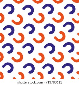 Seamless vector funny cute colorful pattern. Violet and orange hand drawn C shaped lines in snow white background. Gift wrapping paper, interior, cloth, fabric or web design.
