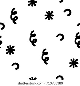 Seamless vector funny cute monochrome pattern. Black hand drawn spirals C shaped lines and snowflakes in white background. Gift wrapping paper, interior, cloth, fabric or web design.
