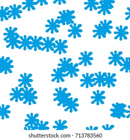 Seamless vector funny cute pattern. Light blue hand drawn snowflakes in white background. Gift wrapping paper, interior, cloth, fabric or web design.