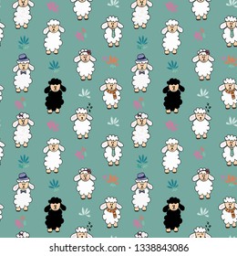Seamless vector funny sheep background pattern with flowers, green, white, black sheep, female and male sheep.