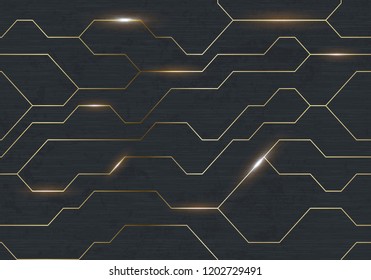 Seamless Vector Futuristic Dark Iron Techno Texture. Golden Abstract Electron Energy Line On Brushed Black Metal Background. Power Vein Light Tech Pattern.