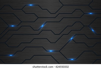 Seamless vector futuristic dark iron techno texture. Blue abstract electron energy line on brushed black metal background. Power vein light tech pattern