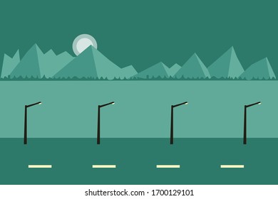 Seamless vector game background, trees, mountains and street lamps with road. 