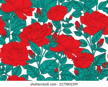 Patrón de jardín vectorial sin soldadura de rosas rojas lineales gráficas en estilo de grabado