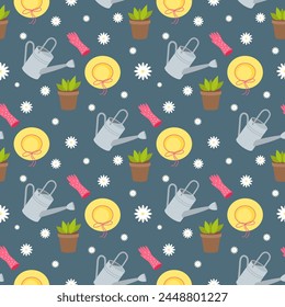 Seamless vector with garden tools pattern, watering can, pot with plant, gloves, straw hat and daisies.
