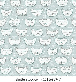 Seamless Vector Gender Neutral Baby Nursery Decor Sleepy Kitty Cat Characters in Pastel Turquoise & Gray. Great for wallpaper, cat lovers, fabric, home decor, paper crafting, and stationery.