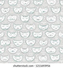 Seamless Vector Gender Neutral Baby Nursery Decor Sleepy Kitty Cat Characters in Gray & Blue Green. Great for wallpaper, baby's room, cat lovers, fabric, home decor, paper crafting, and stationery.
