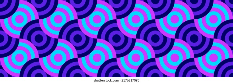 Seamless vector geometric 3D pattern with optical illusions. Circes. Electric color. Template for fabric or wrapping. Psychedelic geometric background for cards. Op Art. Disco. Modern wallpapers. Tile
