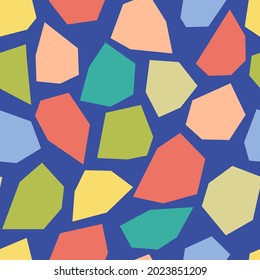 Seamless vector geometric abstract pattern with colorful chunky polygons shapes. Includes swatches with named fashion industry colors in True Spring palette. 