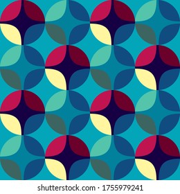 Seamless vector geometric abstract 
 retro pattern. An ornament of multi-colored circles and sters of  saturated contrasting natural tones.