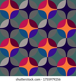 Seamless vector geometric abstract 
 retro pattern. An ornament of multi-colored circles and sters of  saturated contrasting natural tones.