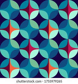 Seamless vector geometric abstract 
 retro pattern. An ornament of multi-colored circles and sters of  saturated contrasting natural tones.