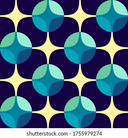 Seamless vector geometric abstract 
 retro pattern. An ornament of multi-colored circles and sters of  saturated contrasting natural tones.