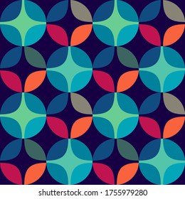 Seamless vector geometric abstract 
 retro pattern. An ornament of multi-colored circles and sters of  saturated contrasting natural tones.