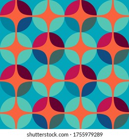 Seamless vector geometric abstract 
 retro pattern. An ornament of multi-colored circles and sters of  saturated contrasting natural tones.