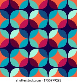 Seamless vector geometric abstract 
 retro pattern. An ornament of multi-colored circles and sters of  saturated contrasting natural tones.