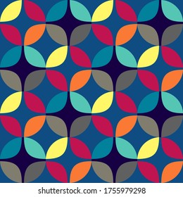 Seamless vector geometric abstract 
 retro pattern. An ornament of multi-colored circles and sters of  saturated contrasting natural tones.