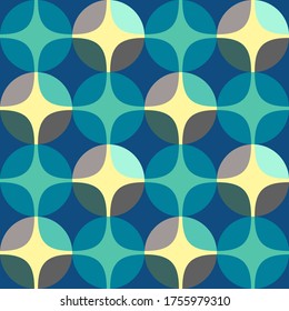 Seamless vector geometric abstract 
 retro pattern. An ornament of multi-colored circles and sters of  saturated contrasting natural tones.