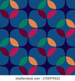 Seamless vector geometric abstract 
 retro pattern. An ornament of multi-colored circles and sters of  saturated contrasting natural tones.