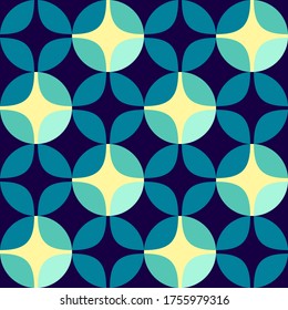 Seamless vector geometric abstract 
 retro pattern. An ornament of multi-colored circles and sters of  saturated contrasting natural tones.