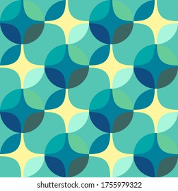 Seamless vector geometric abstract 
 retro pattern. An ornament of multi-colored circles and sters of  saturated contrasting natural tones.