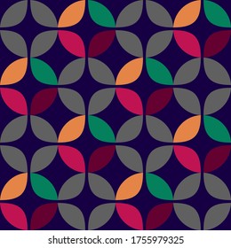 Seamless vector geometric abstract 
 retro pattern. An ornament of multi-colored circles and sters of  saturated contrasting natural tones.